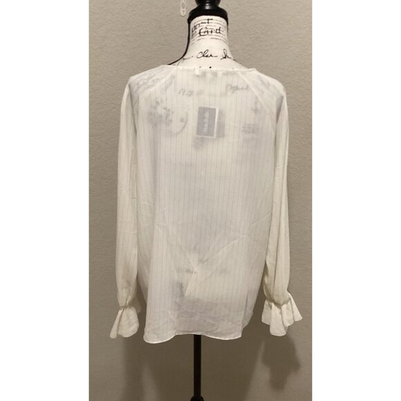 Rose + Olive White Long Sleeve Button-Front Blouse W/ Ruffle Cuffs & Pinstripe - Picture 4 of 5